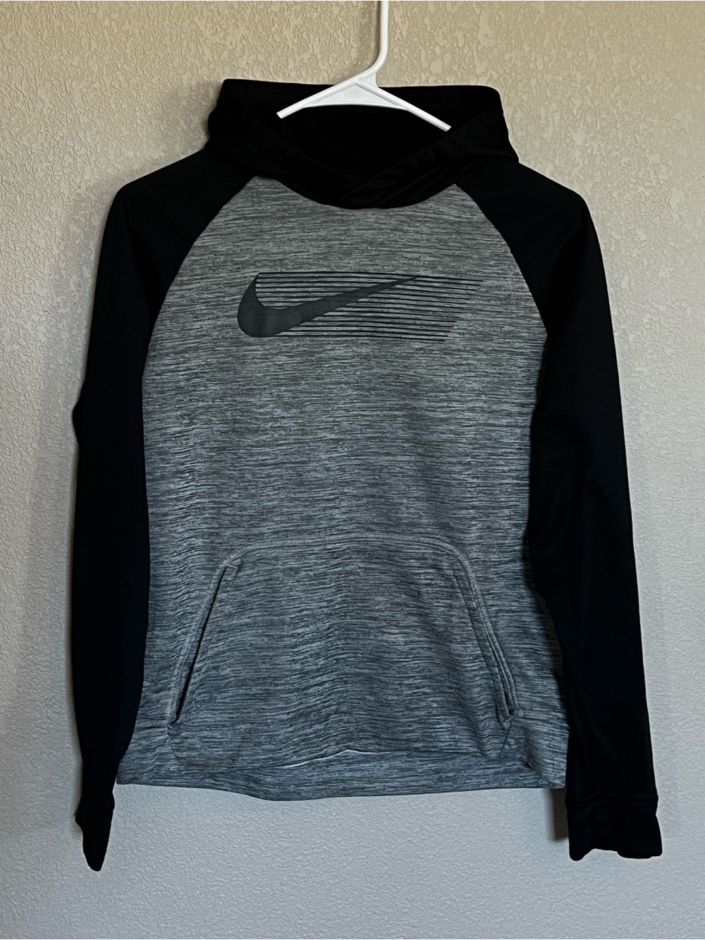 Nike Youth XL Gray Black Pullover Hoodie Big Swoosh Sweatshirt